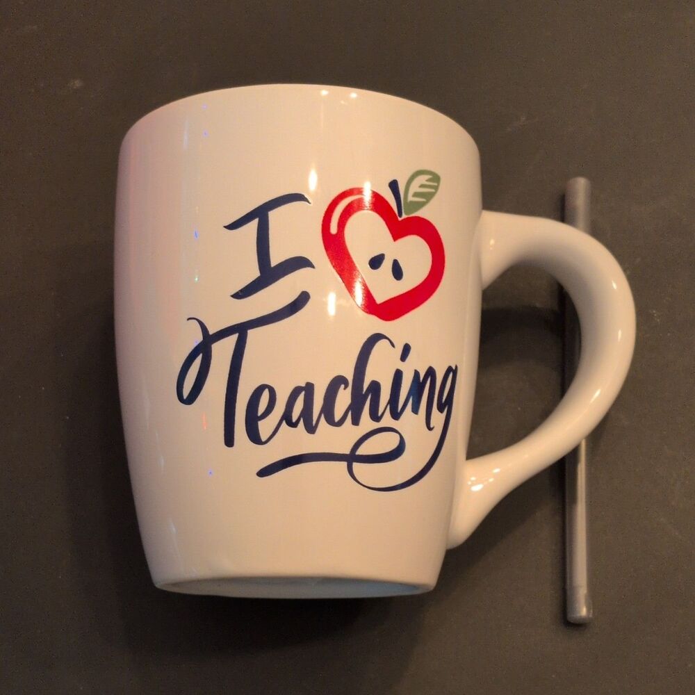 Large Ceramic Coffee Mug Teaching Theme Novelty Apple Design White Decorated
